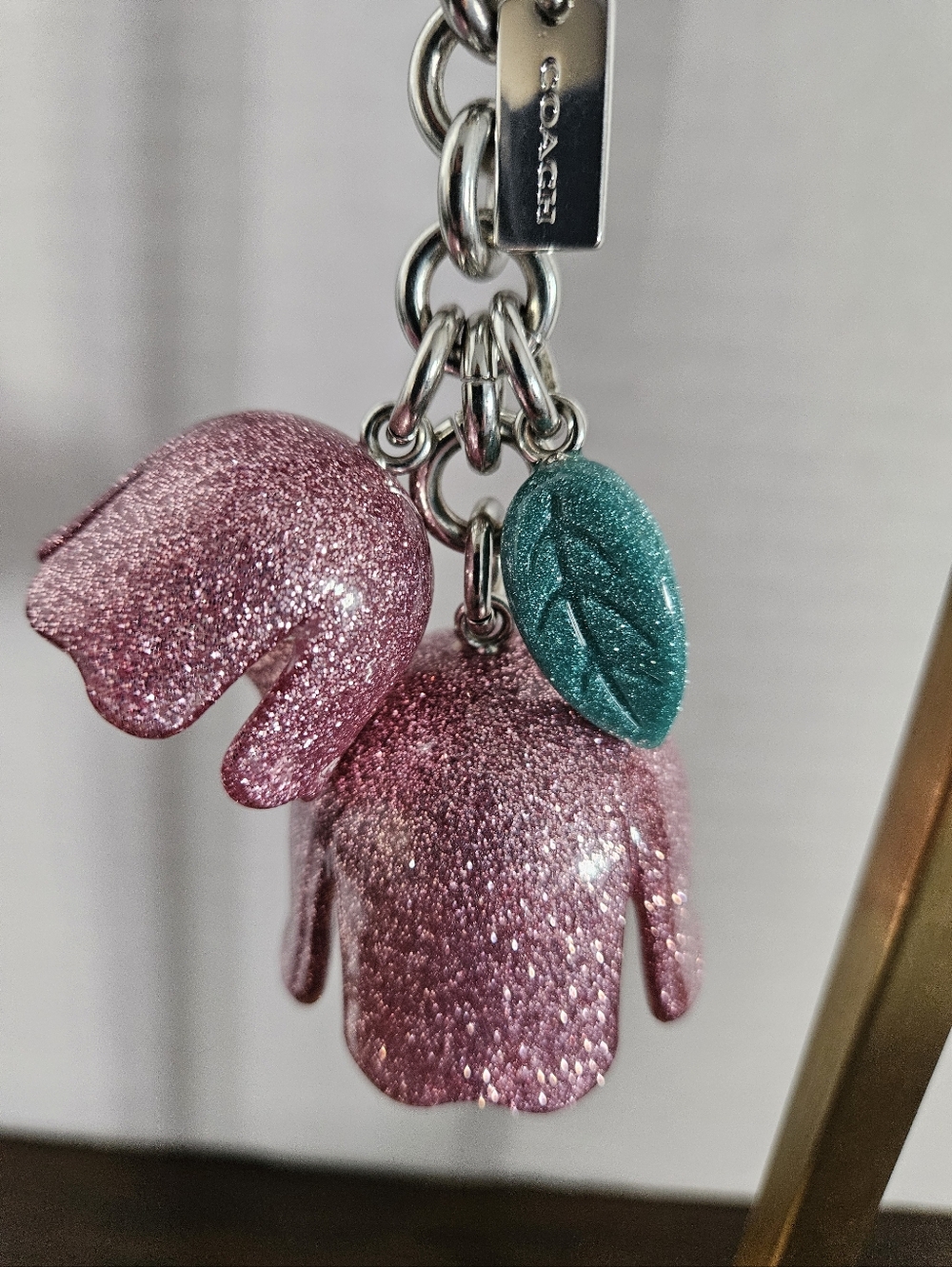 Coach Pink Glitter Resin Tea Rose Bag Charm Keychain